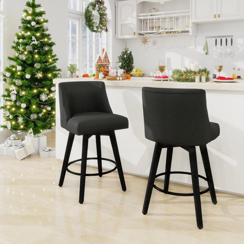 Siyah Suni Deri Ahşap Döner Sırt Destekli Retro Bar Sandalyesi - 67 cm - 148527