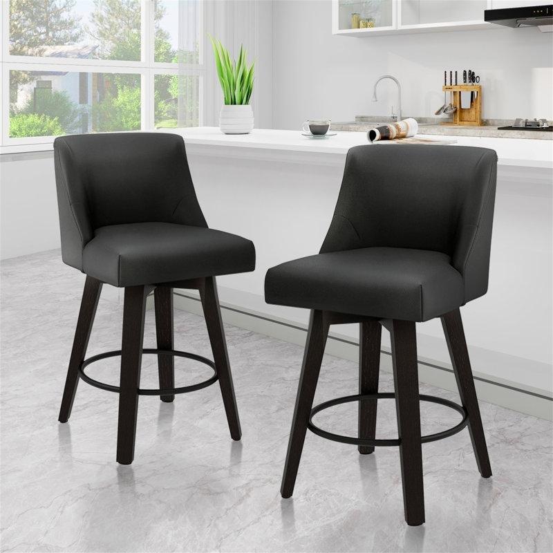 Siyah Suni Deri Ahşap Döner Sırt Destekli Retro Bar Sandalyesi - 67 cm - 148527