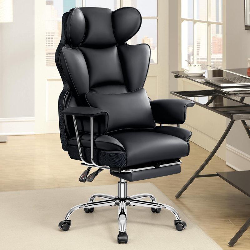 Siyah Suni Deri Ayak Destekli Yüksek Sırtlı Ergonomik Yönetici Sandalyesi - 146943