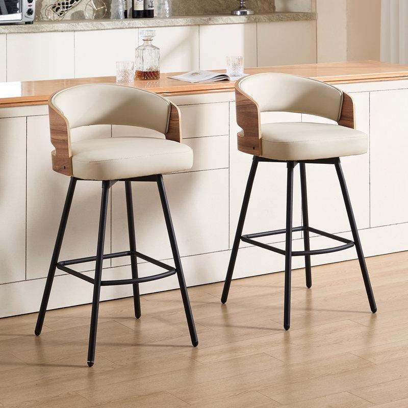 Siyah Suni Deri Bükme Ahşap Sırtlıklı Döner Retro Bar Sandalyesi 2li Set - 70 cm - 148479
