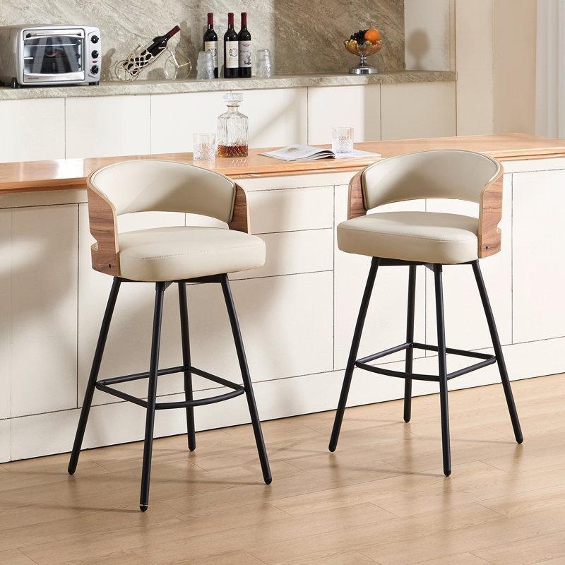 Siyah Suni Deri Bükme Ahşap Sırtlıklı Döner Retro Bar Sandalyesi 2li Set - 70 cm - 148479