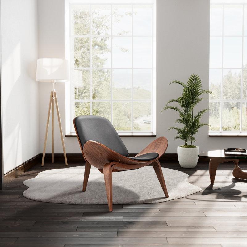 Siyah Suni Deri Ceviz Üç Ayaklı Yüzyıl Ortası Tasarım Sandalye - 92 cm - 146856