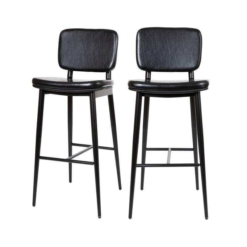 Siyah Suni Deri Döşemeli Demir Ayak Destekli Retro Bar Sandalyesi 2li Set - 148557