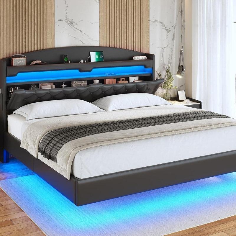 Siyah Suni Deri Döşemeli LED Işıklı ve Şarj İstasyonlu Raflı Başlıklı Uçan Karyola - 154x221 cm - 142363