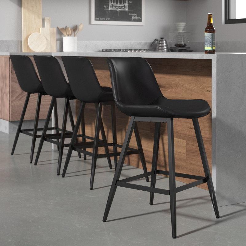 Siyah Suni Deri Döşemeli Metal Ayak Destekli Bar Sandalyesi 4lü Set - 61 cm - 147954
