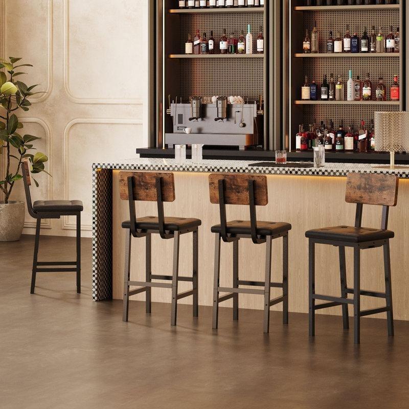 Siyah Suni Deri Döşemeli Sırtlı Ferforje Bar Sandalyesi - 67 cm - 148749
