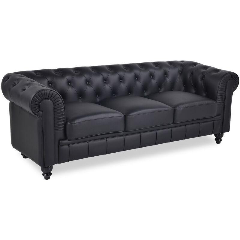 Siyah Suni Deri Kapitoneli 3 Kişilik Chesterfield Koltuk - 207 cm - 152715