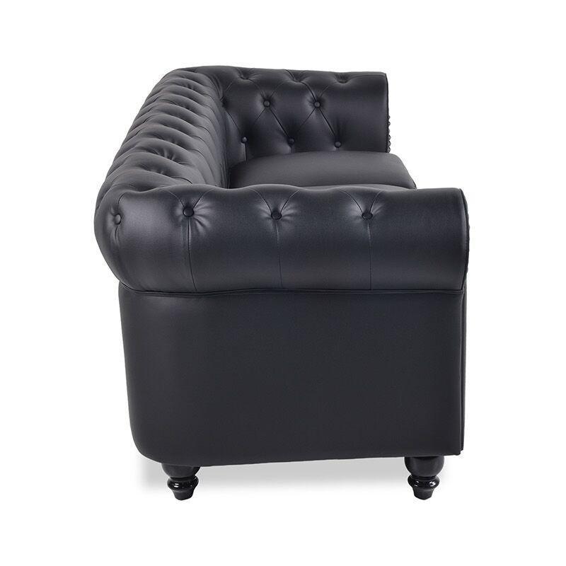 Siyah Suni Deri Kapitoneli 3 Kişilik Chesterfield Koltuk - 207 cm - 152715