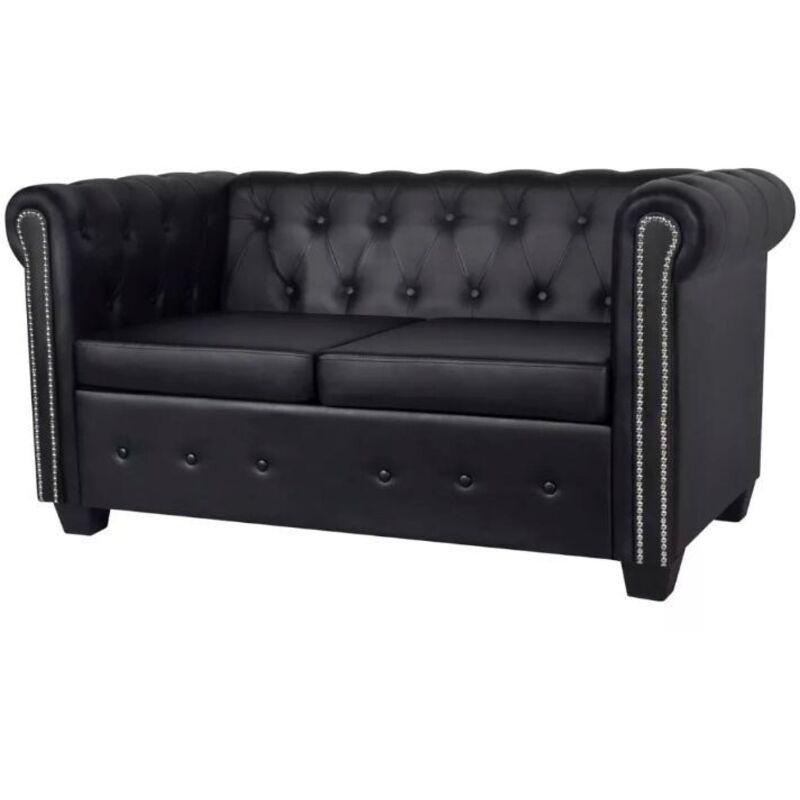 Siyah Suni Deri Kapitoneli Chesterfield İkili Koltuk - 146x76x70 cm - 152736