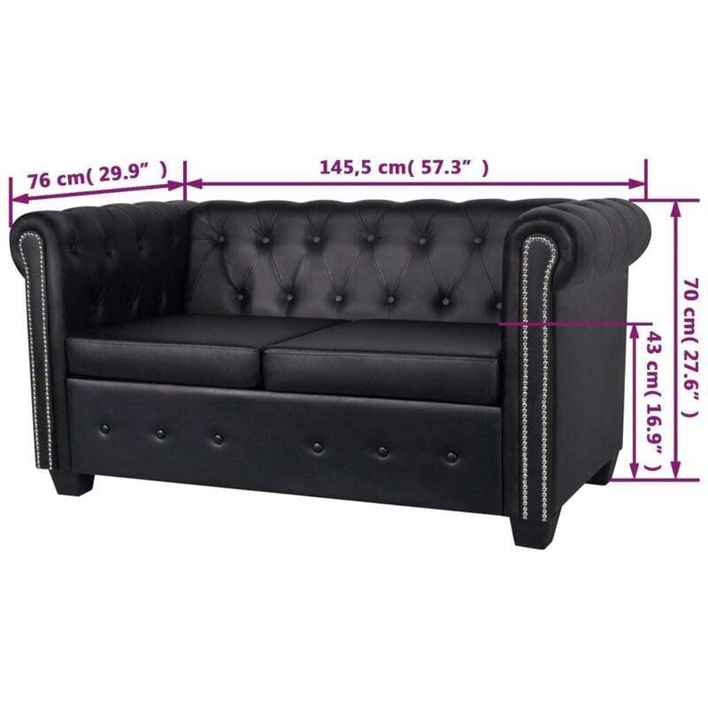 Siyah Suni Deri Kapitoneli Chesterfield İkili Koltuk - 146x76x70 cm - 152736