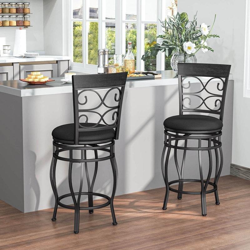 Siyah Suni Deri Kapitoneli Döner Ferforje Bar Sandalyesi - 67 cm - 148743