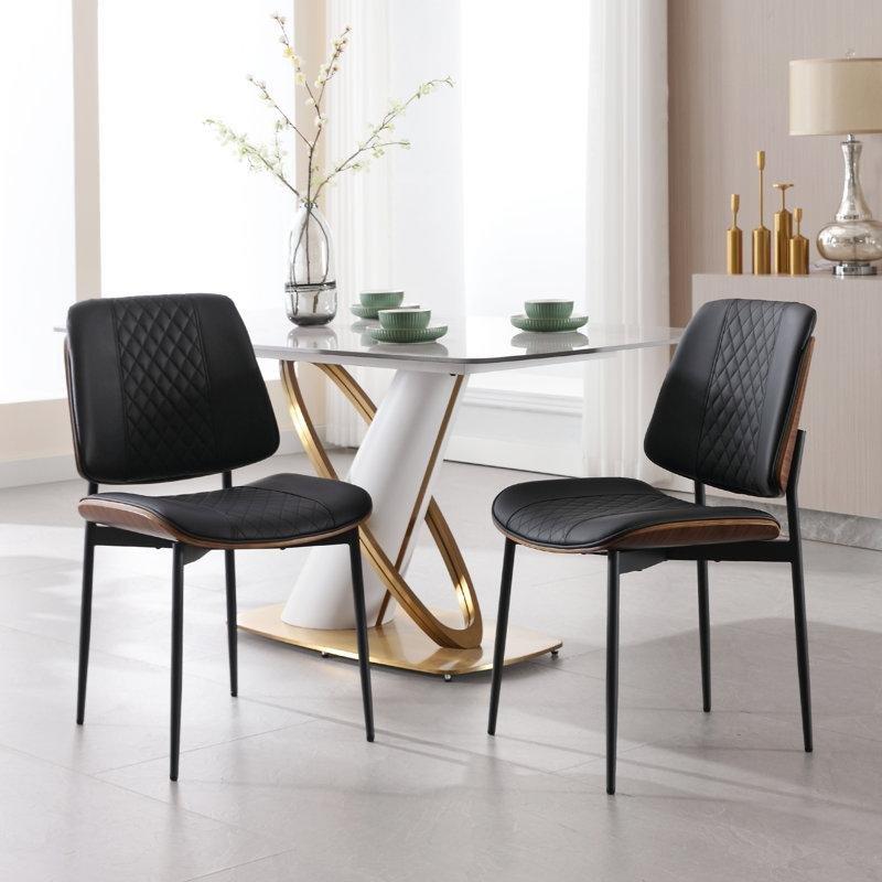 Siyah Suni Deri Kapitoneli Metal Ayaklı Ceviz Sandalye 2li Set - 145713
