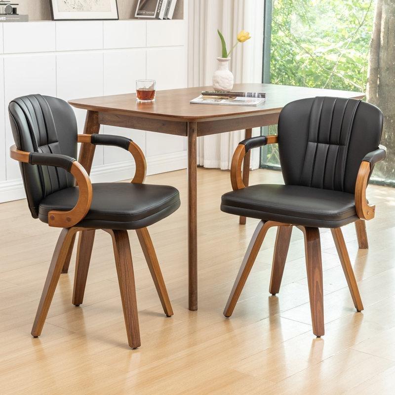 Siyah Suni Deri Kolçaklı Döner Ahşap Ceviz Sandalye 2li Set - 145596