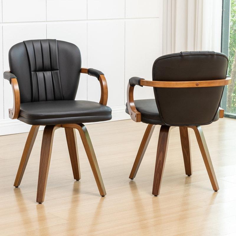 Siyah Suni Deri Kolçaklı Döner Ahşap Ceviz Sandalye 2li Set - 145596