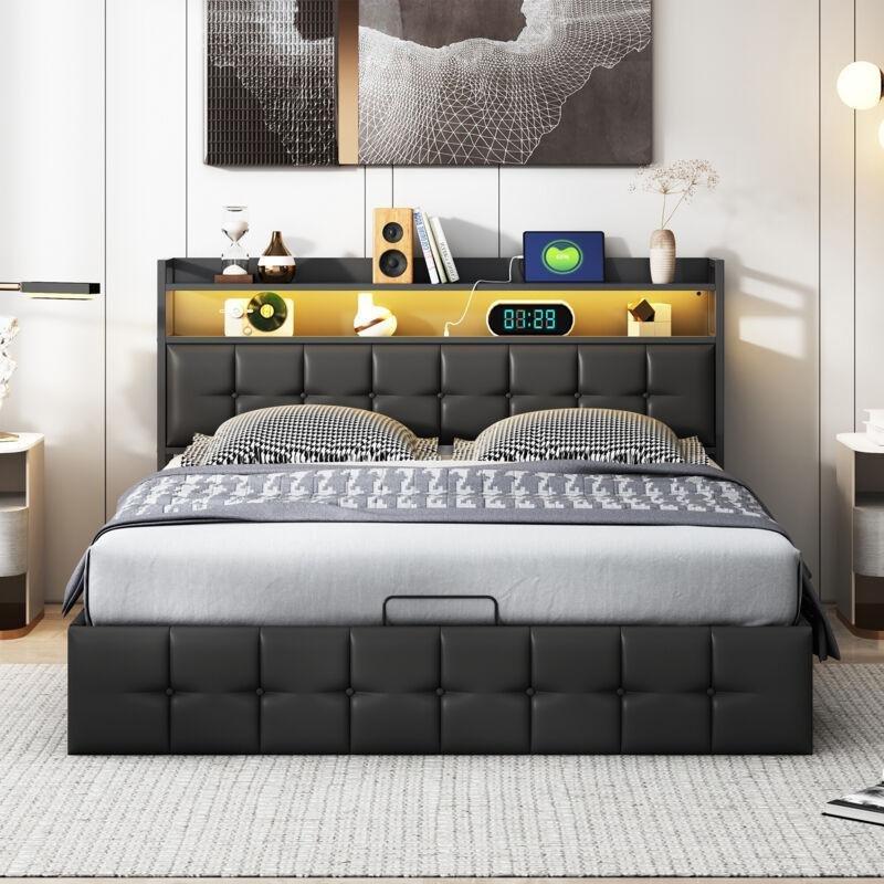 Siyah Suni Deri LED Işıklı USB Şarjlı Sandıklı Baza - 140x200 cm - 144058