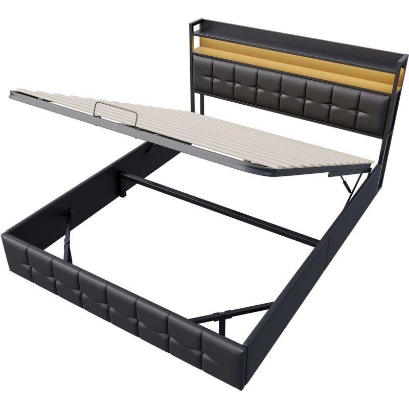 Siyah Suni Deri LED Işıklı USB Şarjlı Sandıklı Baza - 140x200 cm - 144058