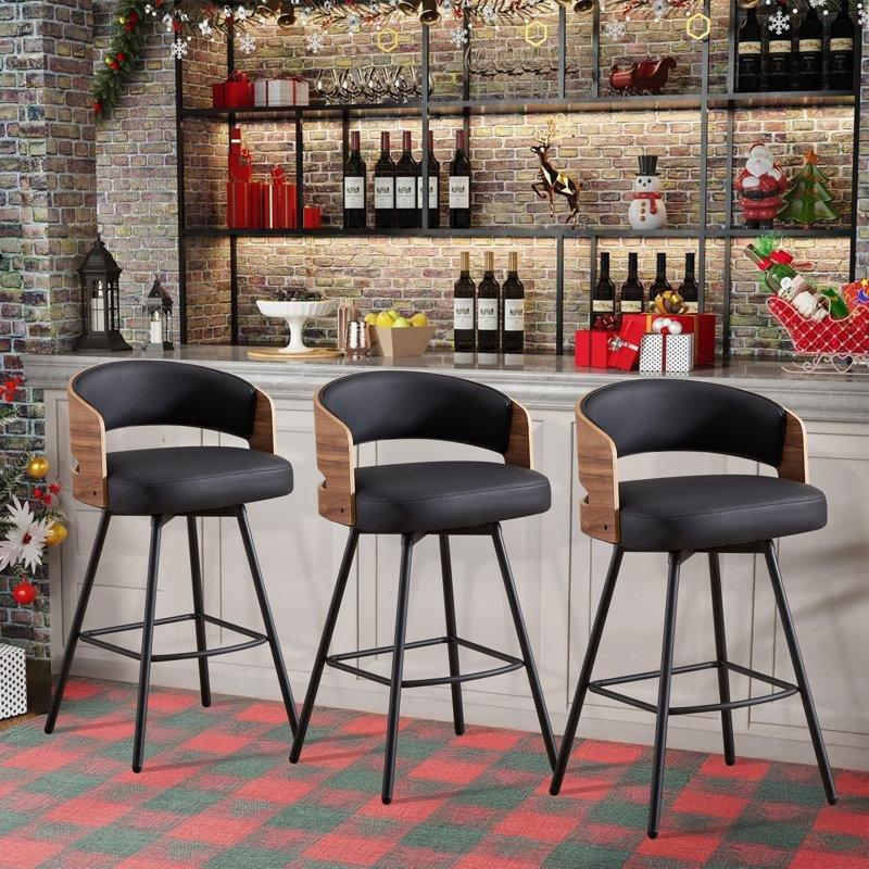 Siyah Suni Deri Metal Döner Sırt Destekli 3lü Set Retro Bar Sandalyesi - 70 cm - 148455