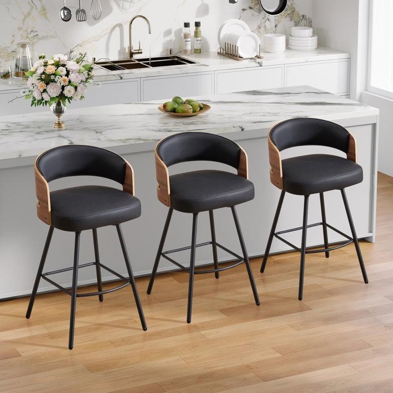 Siyah Suni Deri Metal Döner Sırt Destekli 3lü Set Retro Bar Sandalyesi - 70 cm - 148455
