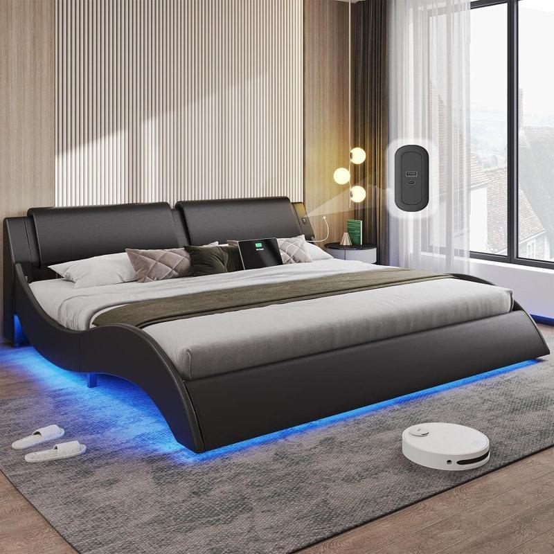 Siyah Suni Deri RGB LED Işıklı ve USB Type-C Girişli Dalga Tasarımlı Karyola - 200x230 cm - 142294
