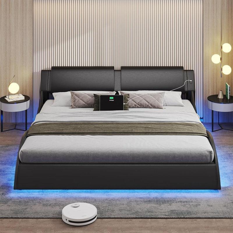 Siyah Suni Deri RGB LED Işıklı ve USB Type-C Girişli Dalga Tasarımlı Karyola - 200x230 cm - 142294