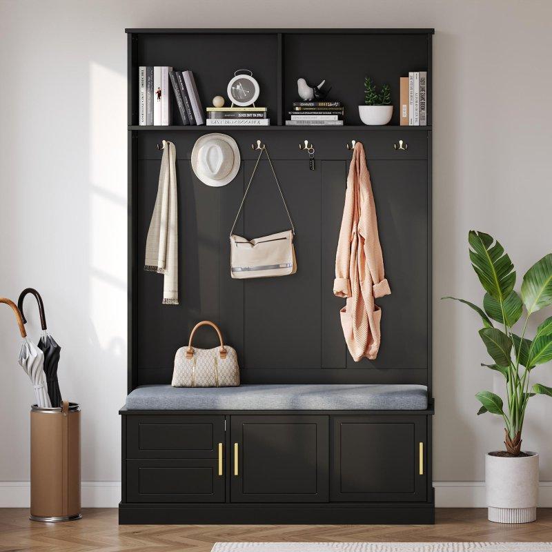 Siyah Sunta Oturaklı Gold Kulplu Lazer Gravürlü Portmanto Vestiyer - 120x40x191 cm - 159385