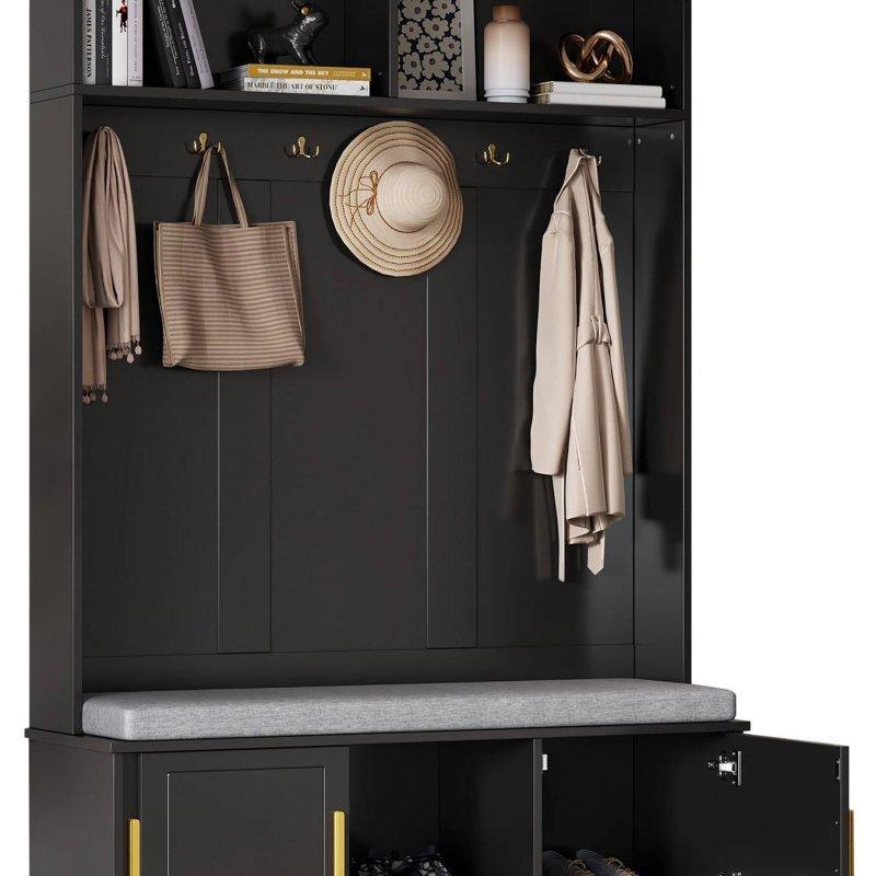 Siyah Sunta Oturaklı Gold Kulplu Lazer Gravürlü Portmanto Vestiyer - 120x40x191 cm - 159385