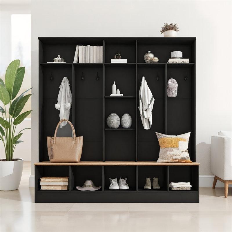Siyah Suntalam Oturaklı ve Raflı 8 Askılı Portmanto Vestiyer - 170 cm - 159499
