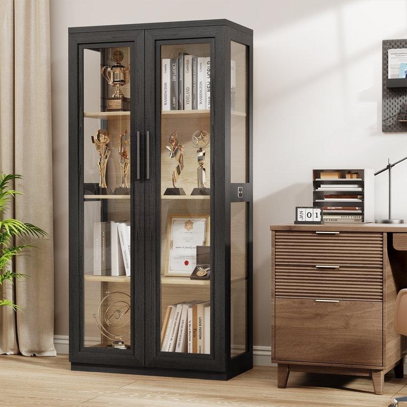 Siyah ve Ahşap Rengi Metal Gövdeli Hareket Sensörlü LED Işıklı Camlı Oyuncak Dolabı - 149871