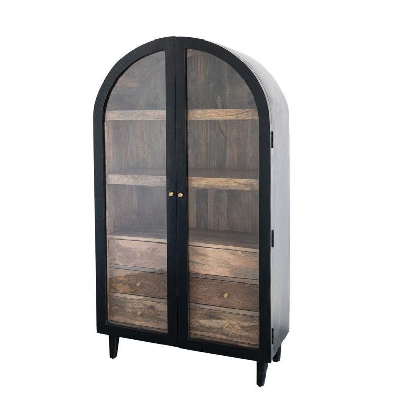 Siyah ve Naturel Masif Mango Ağacı Kemerli Tasarım Cam Kapaklı Altı Çekmeceli Vitrin - Gümüşlük - 97x173 cm - 157039
