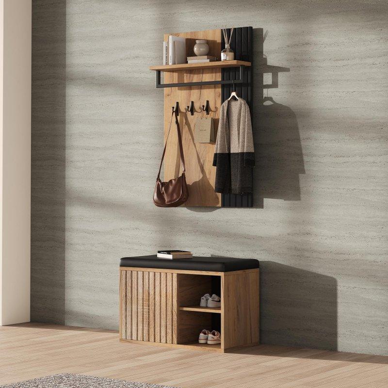 Siyah ve Naturel Sunta Oturaklı 3 Askılı Raflı Portmanto Vestiyer - 70x36x146 cm - 158782