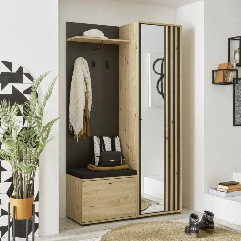 Siyah ve Zanaatkar Meşe Rengi Ahşap Aynalı Oturaklı 3 Parçalı Portmanto Vestiyer Seti - 114 cm - 159067