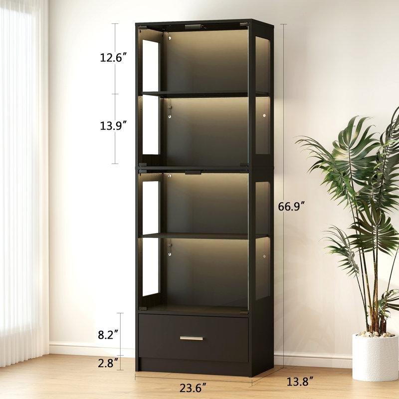 Siyah Yonga Levha LED Aydınlatmalı Ayarlanabilir Raflı Çekmeceli Vitrin - Gümüşlük - 170x57x36 cm - 157120