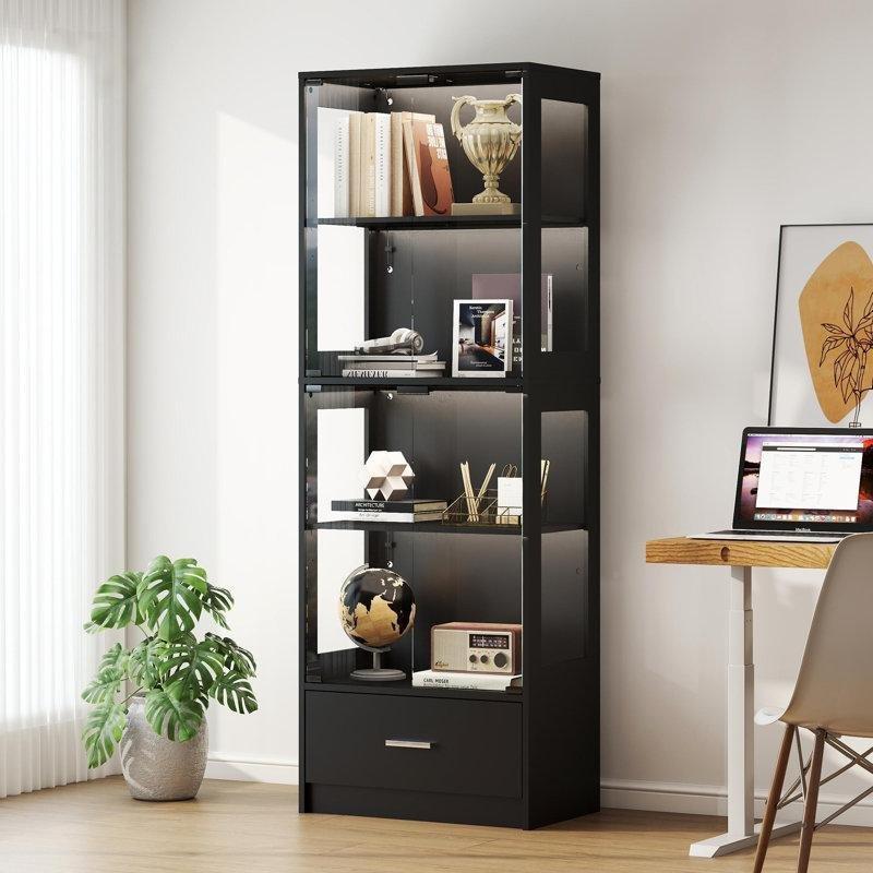 Siyah Yonga Levha LED Aydınlatmalı Ayarlanabilir Raflı Çekmeceli Vitrin - Gümüşlük - 170x57x36 cm - 157120