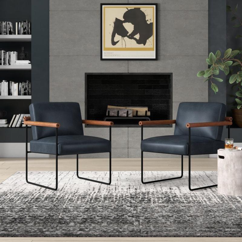 Suni Deri Ahşap Kolçaklı Metal Ayaklı Ergonomik Sandalye, 2'li Set - 147063