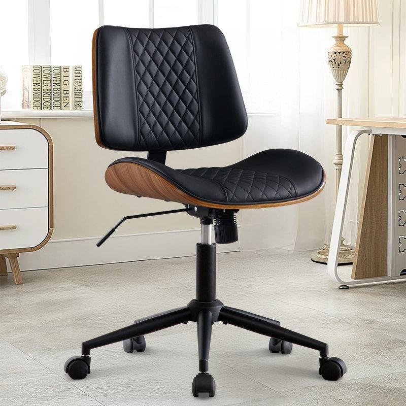 Suni Deri Döşemeli Ahşap Sırtlı Yüksekliği Ayarlanabilir Döner Çalışma Sandalyesi - 146949