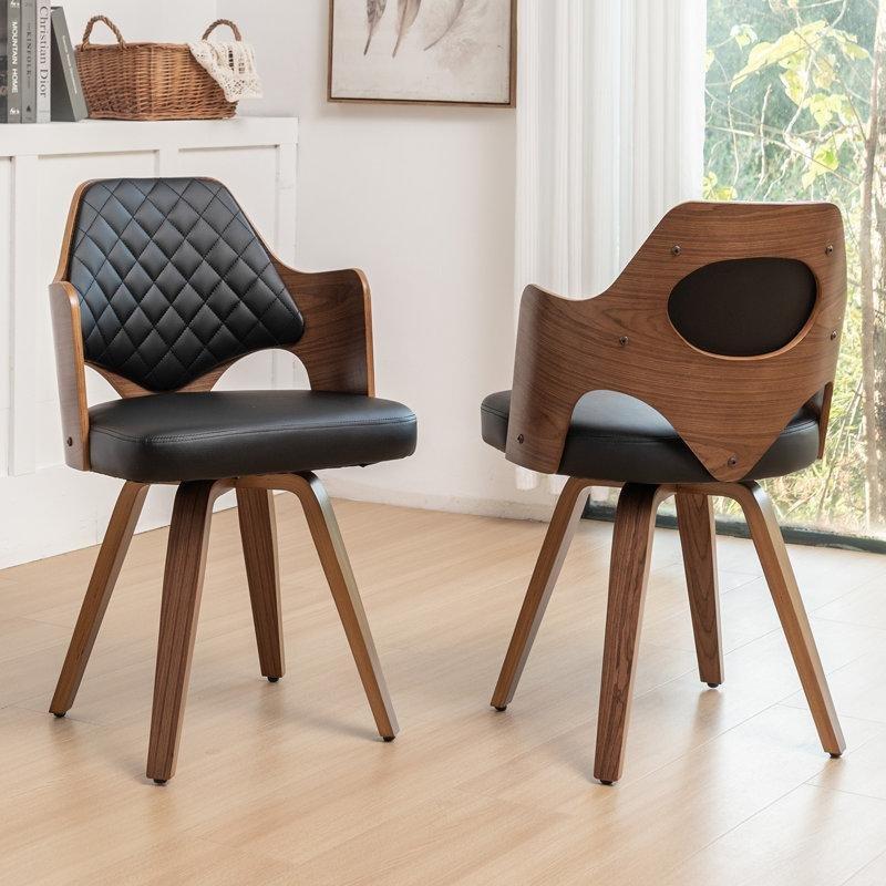 Suni Deri Döşemeli Kapitoneli Döner Kolçaklı Ceviz Sandalye 2li Set - 145641