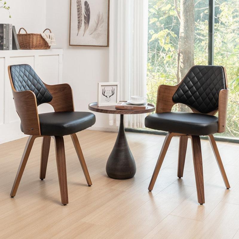 Suni Deri Döşemeli Kapitoneli Döner Kolçaklı Ceviz Sandalye 2li Set - 145641