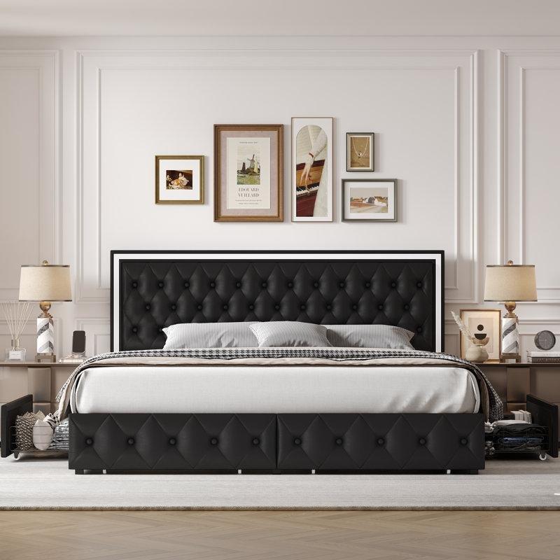 Suni Deri Döşemeli LED Aydınlatmalı 4 Çekmeceli Karyola - 200x210 cm - 142387