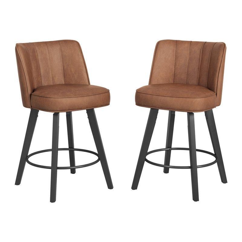 Suni Deri Döşemeli Masif Ahşap Ayaklı Döner Bar Sandalyesi 2li Set - 67 cm - 147804