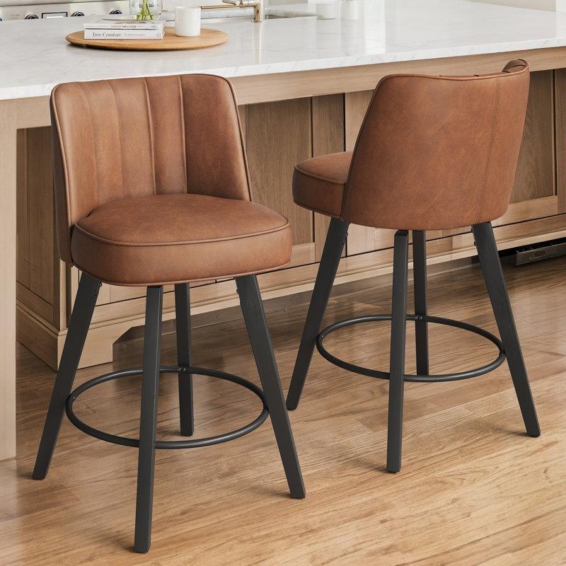 Suni Deri Döşemeli Masif Ahşap Ayaklı Döner Bar Sandalyesi 2li Set - 67 cm - 147804
