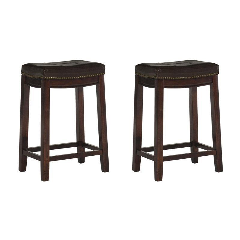 Suni Deri Döşemeli Masif Ahşap Zımbalı Sırtlıksız 2li Set Bar Sandalyesi - 68 cm - 147873