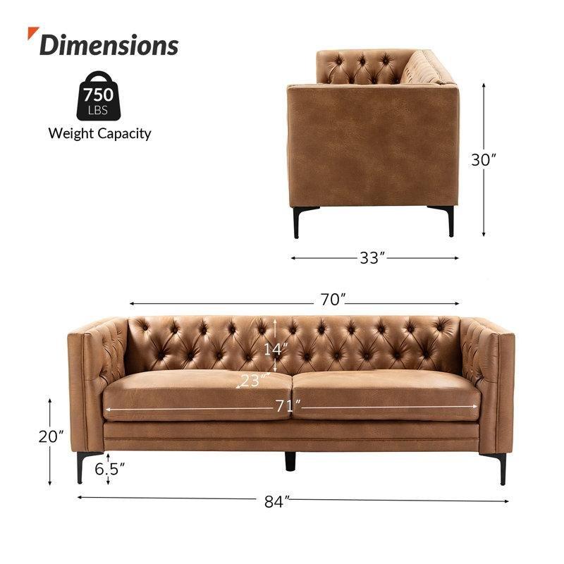 Suni Deri Kapitoneli Metal Ayaklı Tuxedo Kollu Üçlü Koltuk - 214 cm - 151639