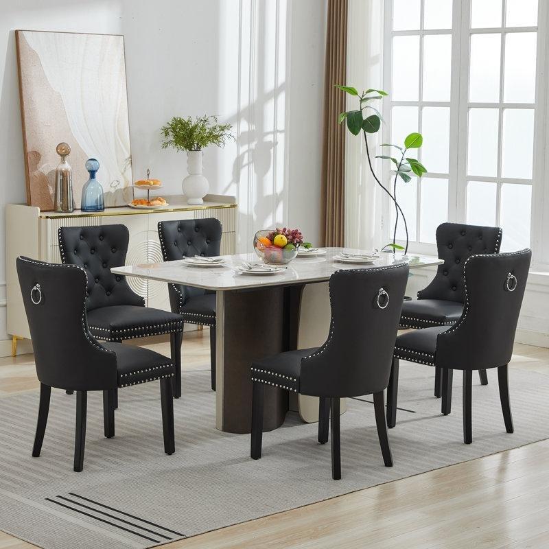 Suni Deri Kapitoneli Zımbalı Masif Ahşap Ayaklı Chester Sandalye 2li Set - 145788