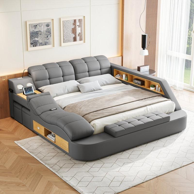Suni Deri ve Masif Ahşap Masajlı Bluetooth Hoparlörlü Akıllı Karyola - 259x263 cm - 142279