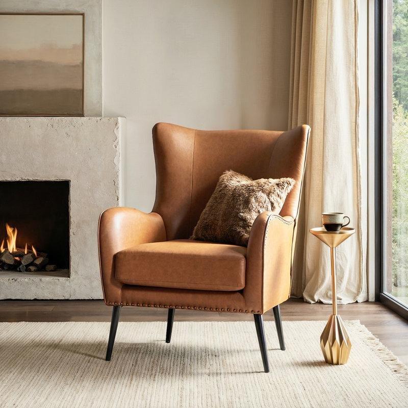 Suni Deri Zımba Detaylı Metal Ayaklı Kulaklı Berjer Koltuk - 77 cm - 156595