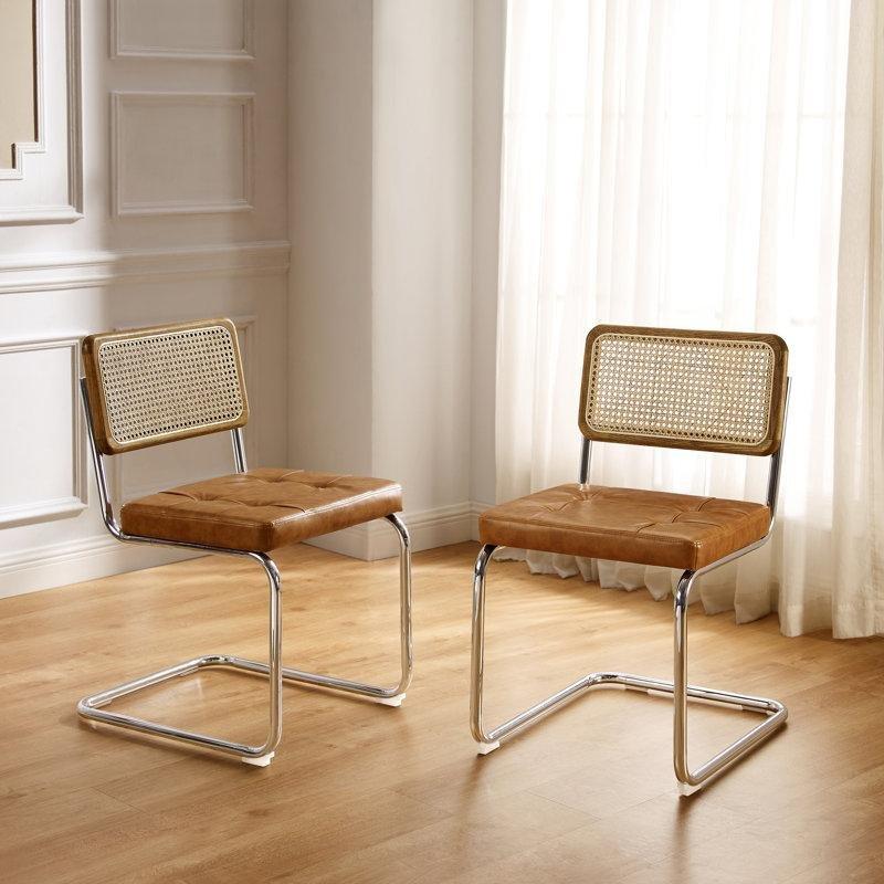 Taba Suni Deri Kapitoneli Hasır Sırtlıklı Krom Ayaklı Rattan Sandalye 2li Set - 146307