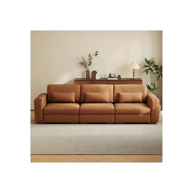 Taba Suni Deri Minderli Geniş Kollu Modern Üçlü Koltuk - 279x98x90 cm - 156001