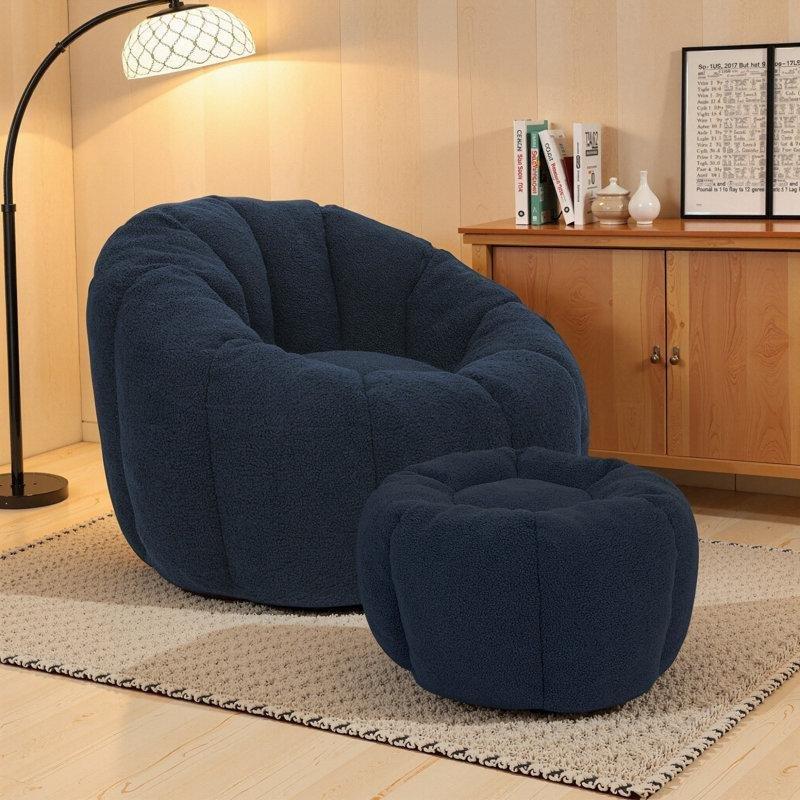Teddy Kumaş Balkabağı Tasarımlı Puf Tabureli Puf Koltuk - 157594