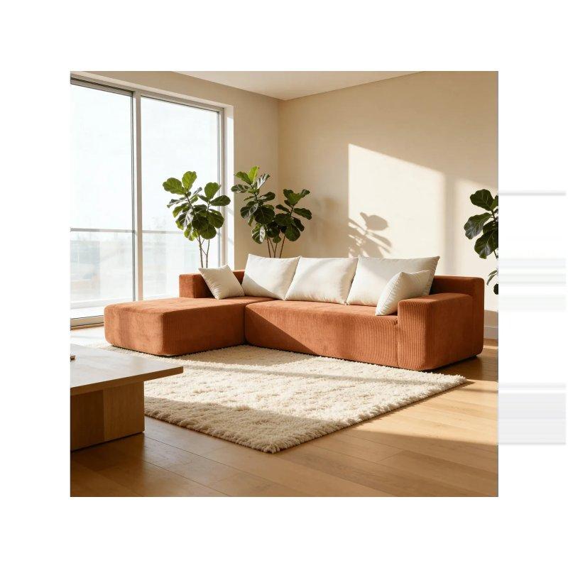 Turuncu Beyaz Fitilli Kadife Modüler Köşe Koltuk - 267x175 cm - 155857