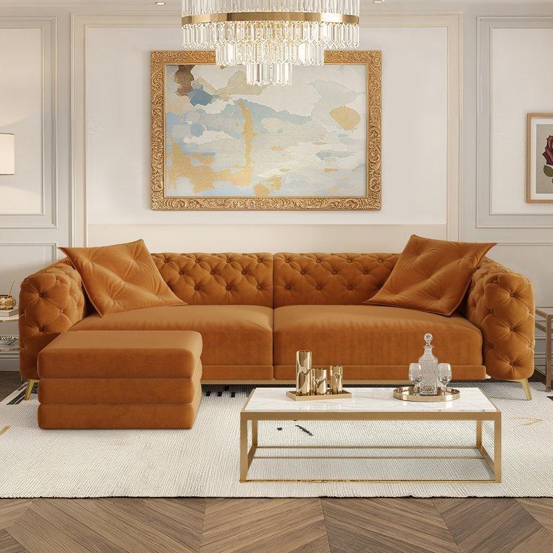 Turuncu Kadife Kapitoneli Metal Ayaklı Yataklı Koltuk - 249 cm - 151696